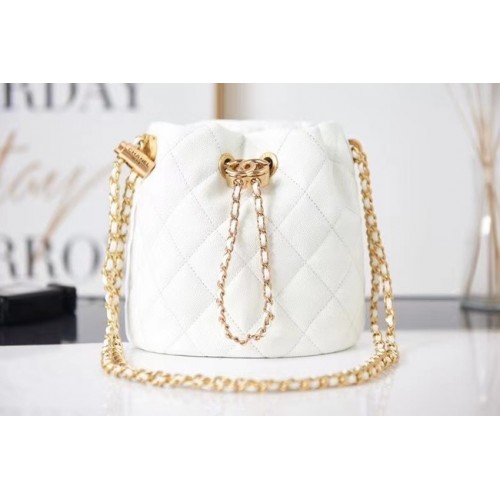 Chanel Drawstring Bag Grained Calfskin Gold Metal AS2859 white
