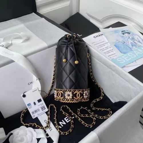 Chanel Drawstring Bag Lambskin Gold Metal AP2257 black
