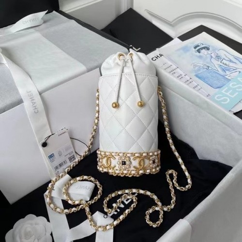 Chanel Drawstring Bag Lambskin Gold Metal AP2257 white
