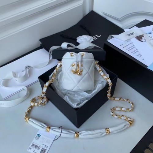 Chanel Drawstring Bag Lambskin Gold Metal AP2330 White
