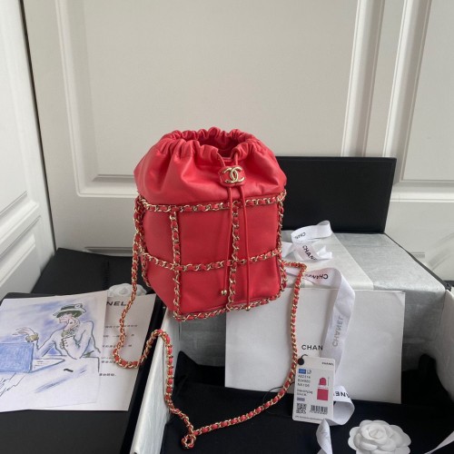 Chanel Drawstring Bag Lambskin Gold Metal AS2314 AS2313 Red