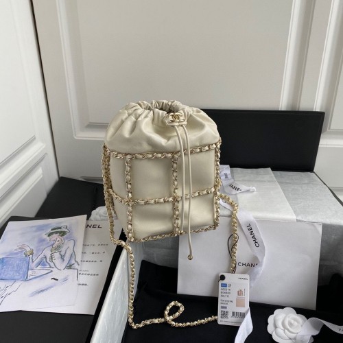 Chanel Drawstring Bag Lambskin Gold Metal AS2314 AS2313 White