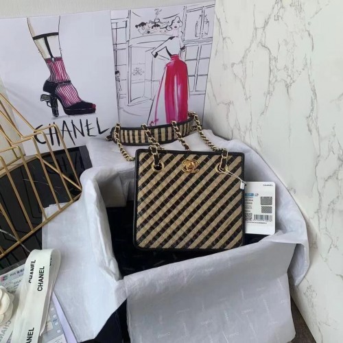 Chanel Drawstring Bag Raffia Jute Thread Gold-Tone Metal Black Beige AS2421