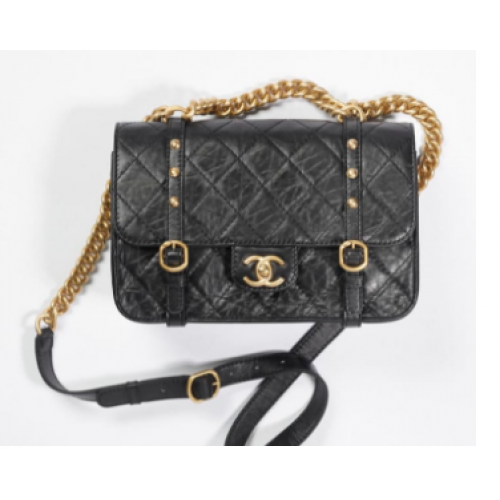 Chanel FLAP BAG Aged Calfskin Gold-Tone Metal AS2696 Black