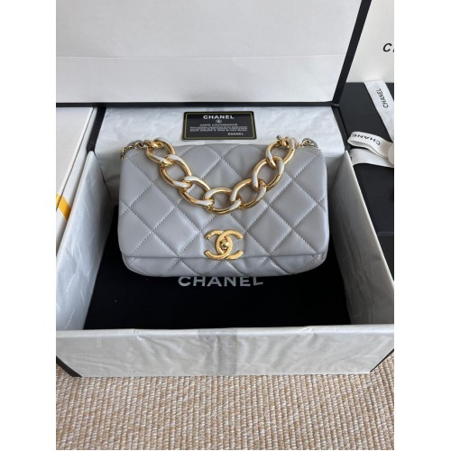Chanel FLAP BAG Lambskin Gold-Tone Metal AS3366 gray