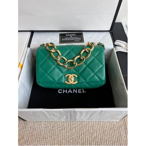 Chanel FLAP BAG Lambskin Gold-Tone Metal AS3366 green