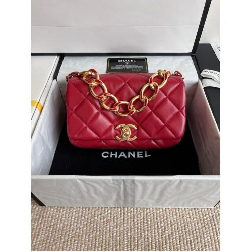 Chanel FLAP BAG Lambskin Gold-Tone Metal AS3366 red