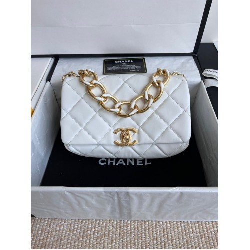 Chanel FLAP BAG Lambskin Gold-Tone Metal AS3366 white
