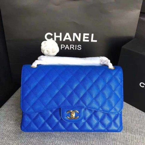 Chanel Flap Shoulder Bags Blue Original Calfskin Leather CF1113 Gold