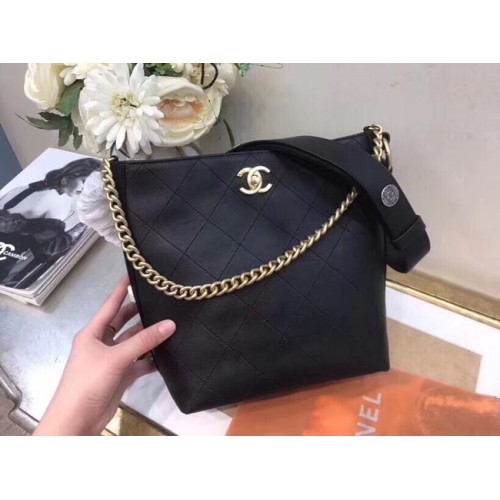 Chanel Hobo Handbag Calfskin Grosgrain Gold Tone Metal A57576 black