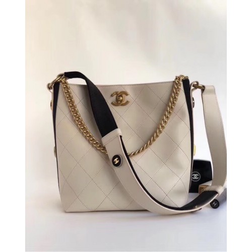 Chanel Hobo Handbag Calfskin Grosgrain Gold Tone Metal A57576 white