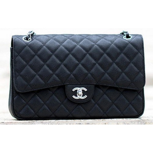 Chanel Jumbo Classic Black Cannage Pattern Flap Bag A58600 Silver
