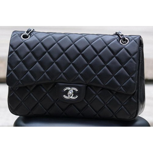 Chanel Jumbo Classic Black Sheepskin Flap Bag A58600 Silver