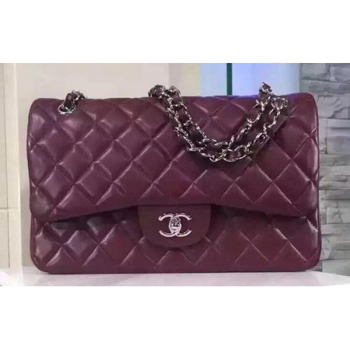 Chanel Jumbo Classic Flap Bag Burgundy Sheepskin Leather A1113 Silver