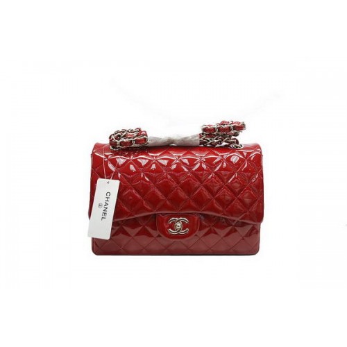 Chanel Jumbo Double Flaps Bag A36097 Red Original Patent Leather Silver