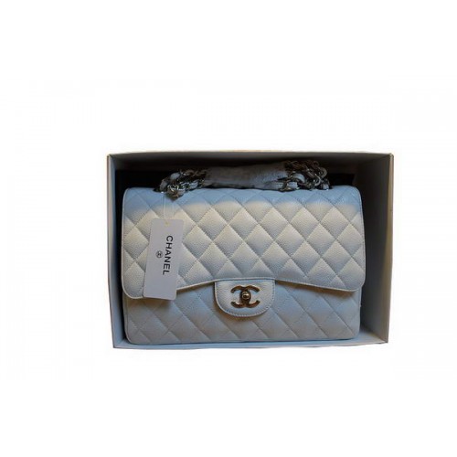 Chanel Jumbo Double Flaps Bag A36097 White Original Caviar Leather Silver