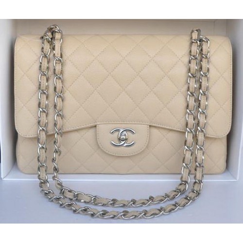 Chanel Jumbo Double Flaps Bag Apricot Cannage Pattern A36097 Silver