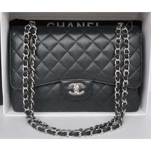 Chanel Jumbo Double Flaps Bag Black Cannage Pattern A36097 Silver