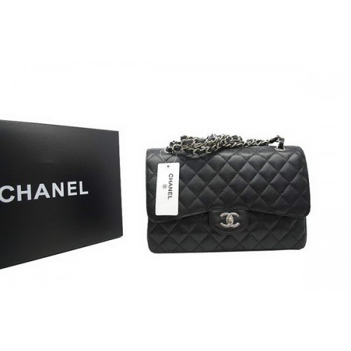 Chanel Jumbo Double Flaps Bag Black Original Caviar Leather A36097 Silver