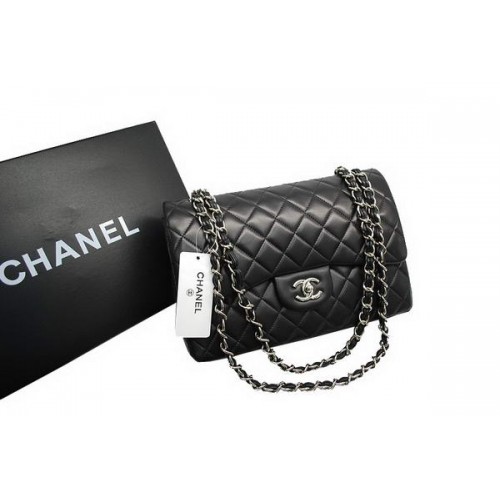 Chanel Jumbo Double Flaps Bag Black Original Lambskin Leather A36097 Silver