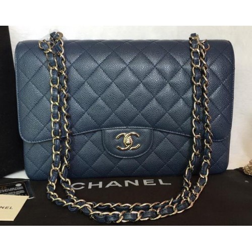 Chanel Jumbo Double Flaps Bag Blue Cannage Pattern A36097 Silver