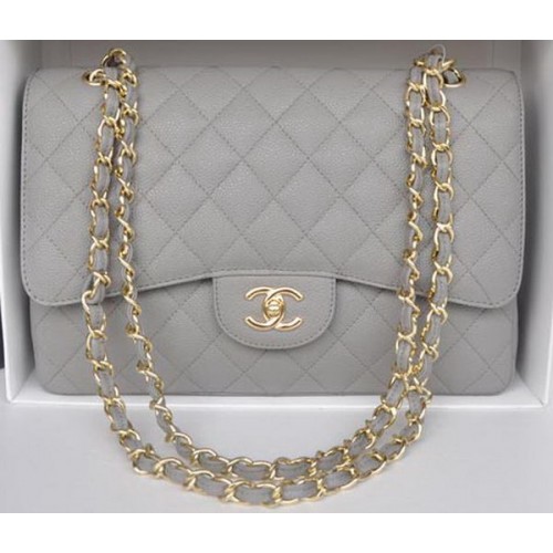 Chanel Jumbo Double Flaps Bag Grey Cannage Pattern A36097 Gold
