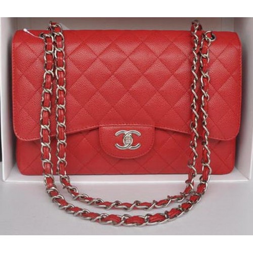Chanel Jumbo Double Flaps Bag Red Cannage Pattern A36097 Silver