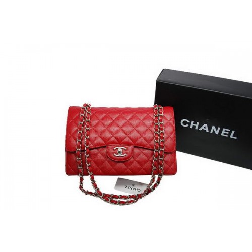 Chanel Jumbo Double Flaps Bag Red Original Caviar Leather A36097 Silver