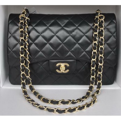 Chanel Jumbo Double Flaps Bags Black Sheepskin Leather A36097 Gold