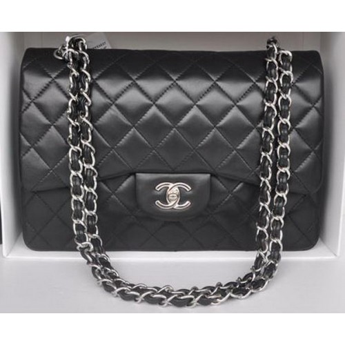 Chanel Jumbo Double Flaps Bags Black Sheepskin Leather A36097 Silver