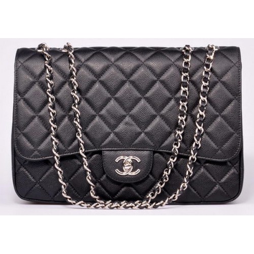Chanel Jumbo Flap Bag Black Cannage Pattern A28600 Silver
