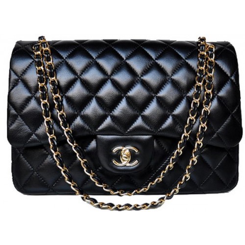 Chanel Jumbo Quilted Classic Black Sheepskin Flap Bag A58600 Gold