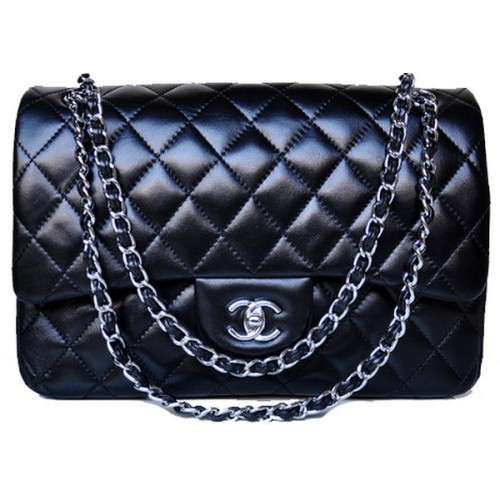 Chanel Jumbo Quilted Classic Black Sheepskin Flap Bag A58600 Silver
