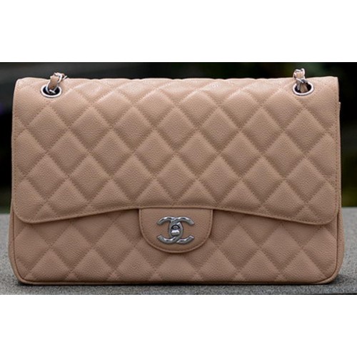 Chanel Jumbo Quilted Classic Flap Bag Apricot Cannage Patterns A58600 Silver