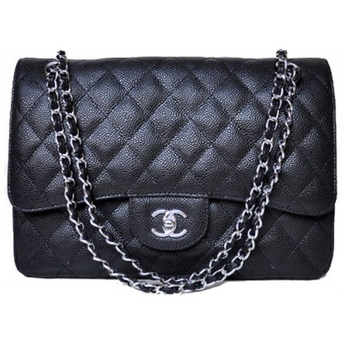 Chanel Jumbo Quilted Classic Flap Bag Black Cannage Patterns A58600 Silver