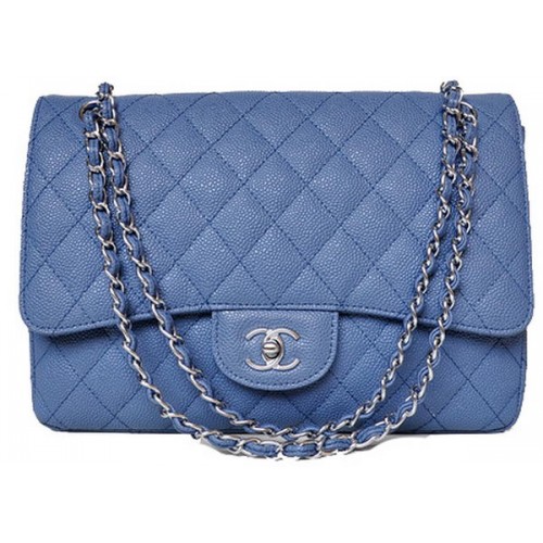 Chanel Jumbo Quilted Classic Flap Bag Blue Cannage Patterns A58600 Silver