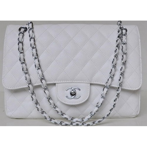 Chanel Jumbo Quilted Classic Flap Bag White Cannage Patterns A58600 Silver