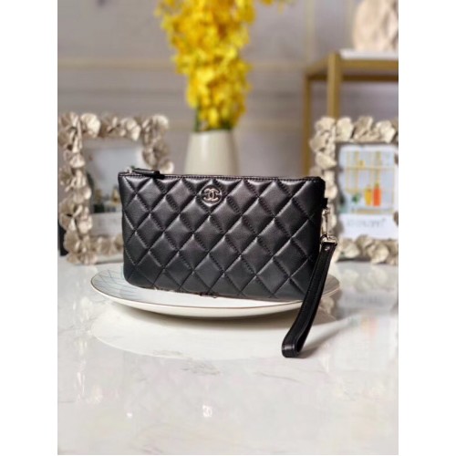 Chanel Lambskin Clutch Bag silver-Tone Metal A010 black