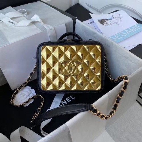 Chanel Lambskin Crystal Calfskin Gold-Tone Metal Cosmetic Bag AS2900 black
