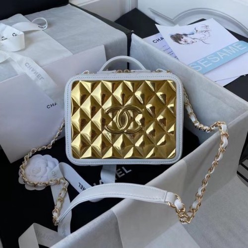 Chanel Lambskin Crystal Calfskin Gold-Tone Metal Cosmetic Bag AS2900 white