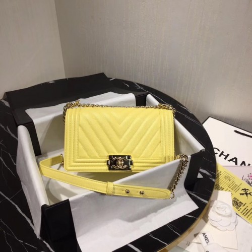 Chanel Le Boy Flap Shoulder Bag Original Leather Yellow V67086 Gold
