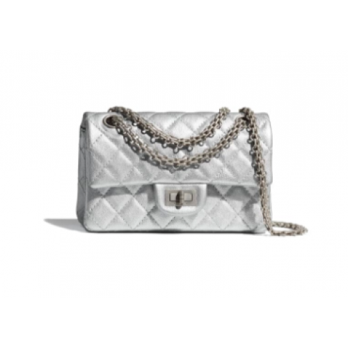 Chanel MINI 2.55 HANDBAG Metallic Grained Calfskin White Metal AS0874 Silver