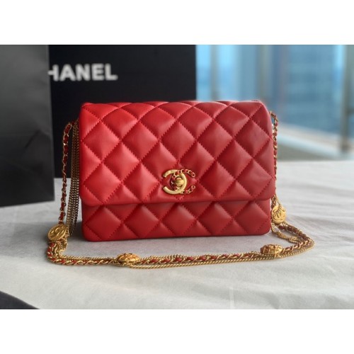 Chanel MINI FLAP BAG Lambskin Gold-Tone Metal AS3378 red