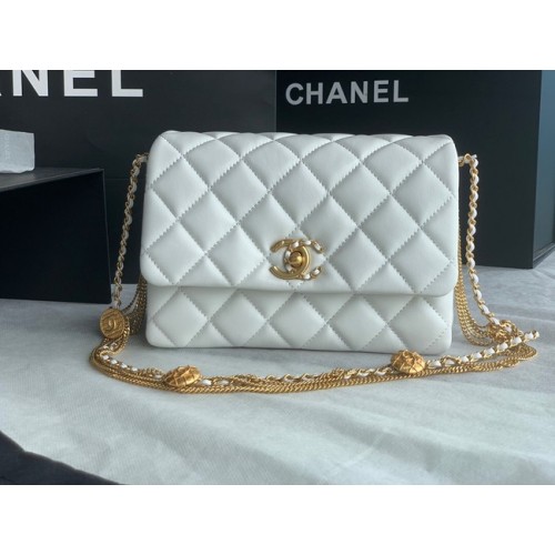 Chanel MINI FLAP BAG Lambskin Gold-Tone Metal AS3378 white