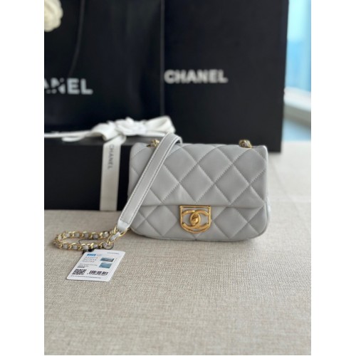 Chanel MINI FLAP BAG Lambskin Gold-Tone Metal AS3473 gray
