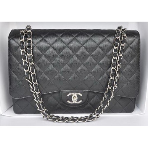 Chanel Maxi Classic Bag A36098 Black Cannage Pattern Silver