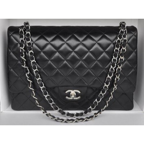 Chanel Maxi Classic Bag A36098 Black Sheepskin Silver