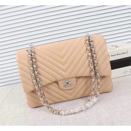 Chanel Maxi Classic Flap Bag Apricot Chevron Sheepskin Leather A58601 Silver