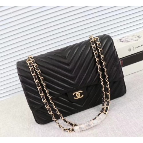 Chanel Maxi Classic Flap Bag Black Chevron Sheepskin Leather A58601 Gold