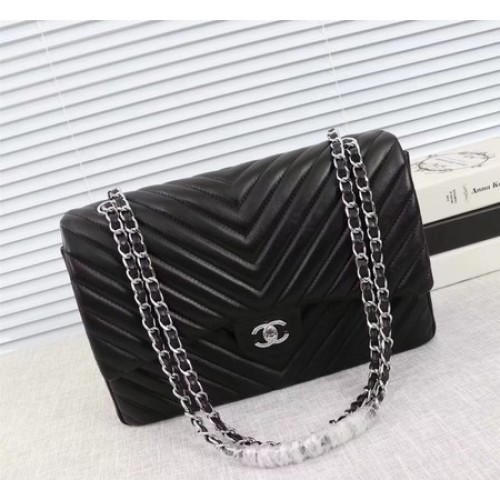 Chanel Maxi Classic Flap Bag Black Chevron Sheepskin Leather A58601 Silver